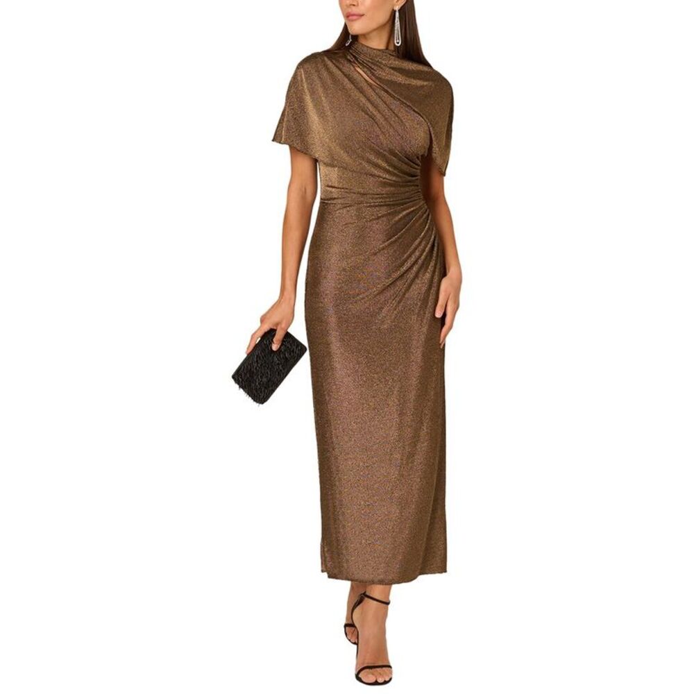Adrianna Papell Womens Metallic Knit Long Dress, Gold